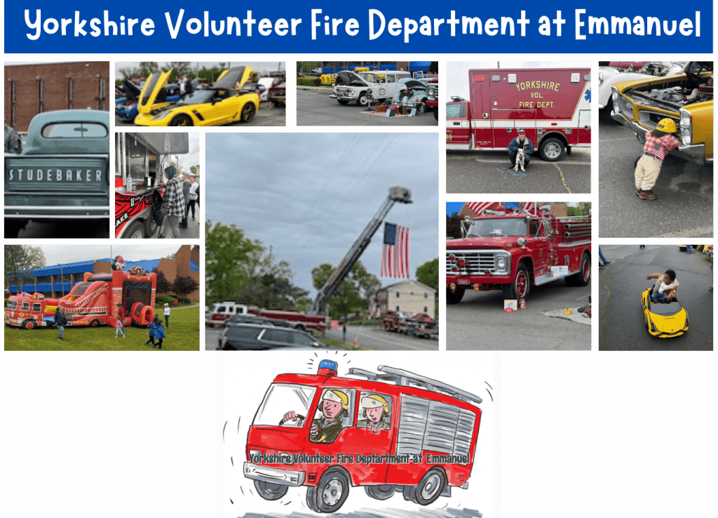 a collage of pictures from the Yorkshire Volunteer Fire Department 2024 Car Show, says "Yorkshire Volunteer Fire Department at Emmanuel"