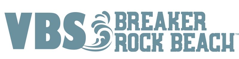 white background with blue-gray lettering that says "VBS Breaker Rock Beach" with a little wave rolling off of the VBS