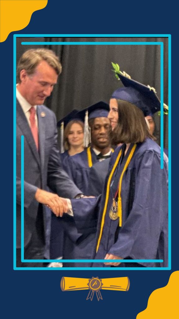 Graduating Senior Lydia Ma of Emmanuel Church in Manassas along with Governor Glenn Youngkin and two other school officials at the graduation ceremony for Evergreen Christian School.