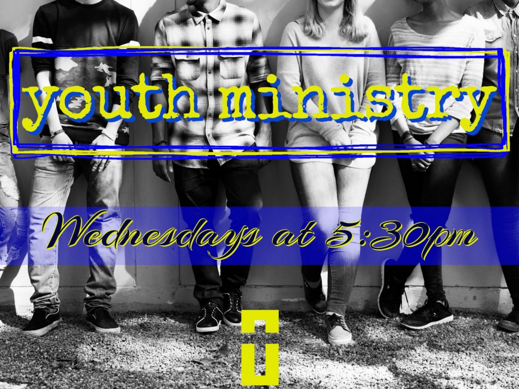 black and white photo of a group of teens lined up and leaning against a wall; says "youth ministry" in bright yellow and blue with "Wednesdays at 5:30pm" below that